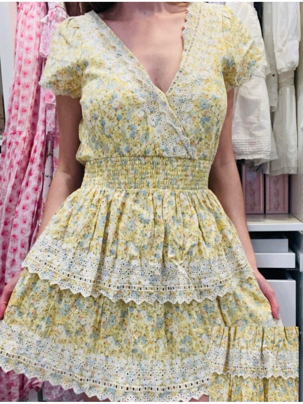 American Eagle Outfitters Yellow Floral Lace-Trim Mini Dress